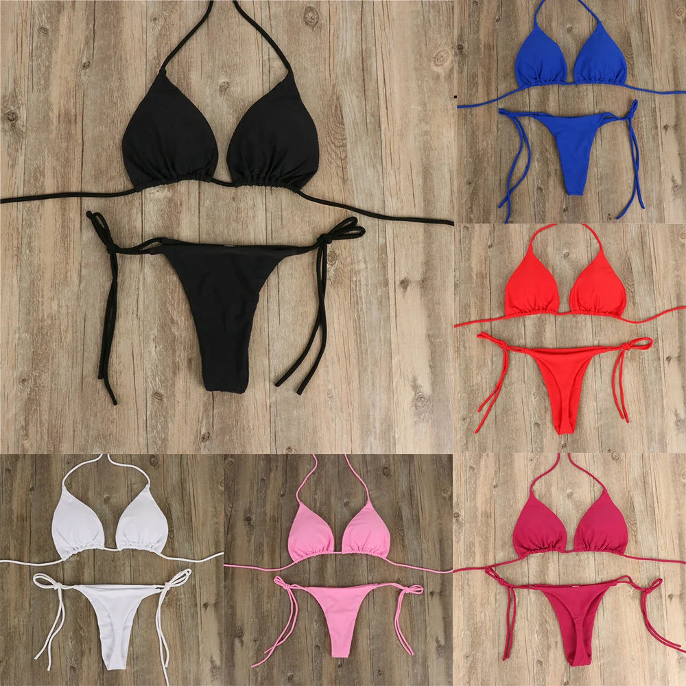 Women Thong Bikini Set Side Tie Sexy Swimsuit Bandage Style Brazilian Swimwear Woman Clothing Red/Blue/Black/White/Wine Red/Pink - Image 4