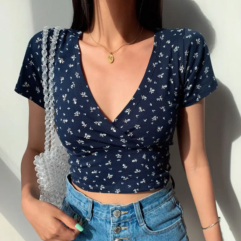 Summer Floral Casual Korean Slim Crop Top Skinny Print Harajuku Chic Tee Women Pullovers Office T shirt Bodycon Beach Clothing